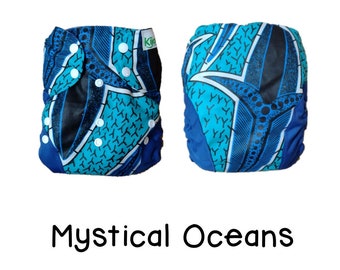 US: Cloth Diaper Cover One Size Birth to Potty (10-35 lbs), Mystical Oceans, Wipeable and Adjustable, Limited Edition Prints, Ships from US