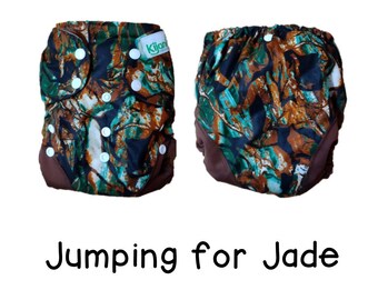 US: Cloth Diaper Cover One Size Birth to Potty (10-35 lbs), Jumping for Jade, Wipeable and Adjustable, Limited Edition Prints, Ships from US