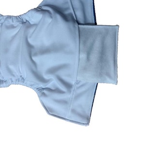 May include: A white cloth diaper with a blue and white patterned lining. The diaper has a pocket for an insert.