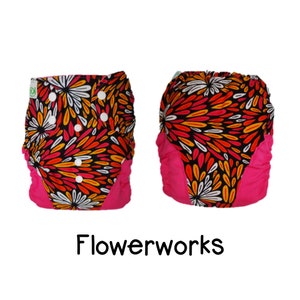 US: Cloth Diaper Cover One Size Birth to Potty (10-35 lbs), Flowerworks Print, Wipeable and Adjustable, Limited Edition, Ships from US