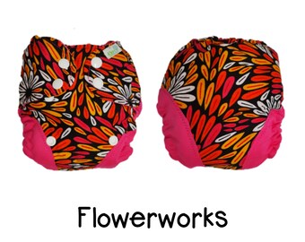 US: Newborn Cover (6-15 lbs), Flowerworks Print, Adjustable, Wipeable Newborn Cloth Diaper Cover, Ships from US