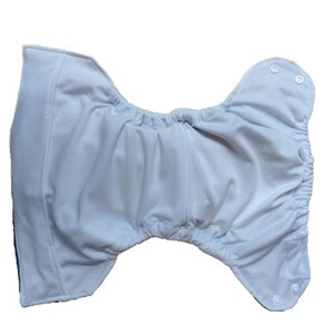 May include: White cloth diaper with adjustable snaps and a white elastic waistband.