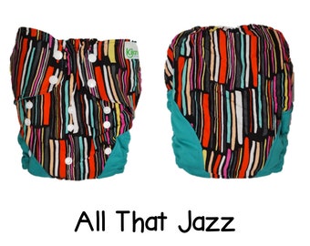 US: XL Cloth Diaper Cover for Children 30-70 lbs, All That Jaz, Adjustable / Wipeable, Limited Edition Print, Ships from US