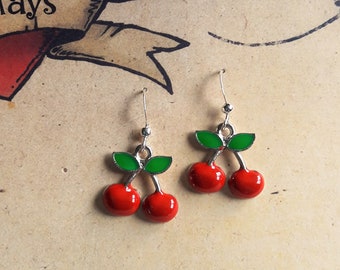 Cherry Earrings, 1950s Inspired, Rockabilly, Pin Up, Mid Century Style Novelty Earrings.