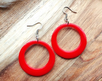 Red Circle Drop Hoop Earrings, 50's 60's Rockabilly and Pin Up Style, Handmade Resin Earrings By RosieMays