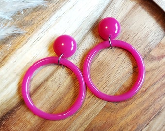 Pink Statement Hoop Earrings, Colourful Oversized Resin Drop Hoops, Mid Century Inspired Jewellery, Unique Handmade Gifts