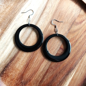 Black Drop Hoop Earrings, Mid Century Inspired Resin Jewellery By RosieMays