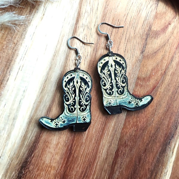Cowboy Boot Earrings, Country and Western Style, Southwestern Jewellery, Line Dancing Accessories, Unique Hand Painted Gift For Cowgirls