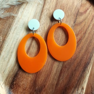 Large Oval Drop Hoops In Orange And White,  60s Inspired, Mid Century Modern, Handmade Resin Earrings By Rosiemays