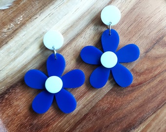 Statement Blue and White Daisy Earrings, Retro 60s Flower Power Style, Colourful Handmade Jewellery, Mid Century Inspired Unique Gift