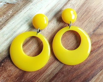 50s 60s Style Yellow Hoop Earrings, Colourful Drop Hoops, Statement Lightweight Jewellery, Retro Handmade Gift