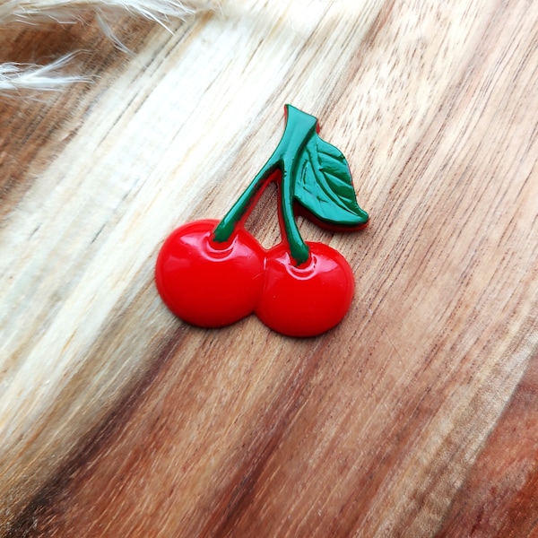 Red Cherry Brooch, 1950s Bakelite Inspired, Rockabilly and Pin Up Jewellery, Novelty Fruit Pin, Hand Painted Resin Brooch By RosieMays