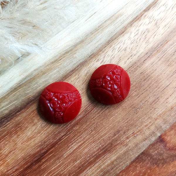 Berry Red Round Stud Earrings With A Carved Flower Design, 50s Rockabilly Jewellery, Handmade Resin Studs By RosieMays