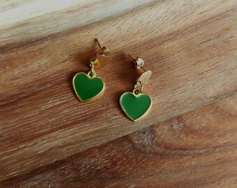 Small Green and Gold Heart Drop Earrings,  Minimalist Resin Jewellery.