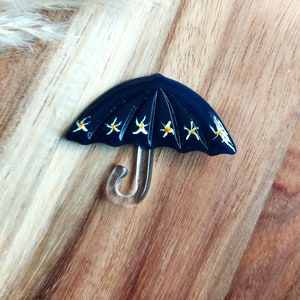 Navy Umbrella Brooch With Hand Painted Flowers, Handcrafted Resin Jewellery, 30s 40s Art Deco Style, Unique Friendship Gift.