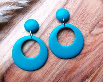 50s 60s Style Teal Drop Hoops, Retro Earrings, Mid Century Inspired Statement Earrings, Lightweight Jewellery, Handmade Resin Earrings