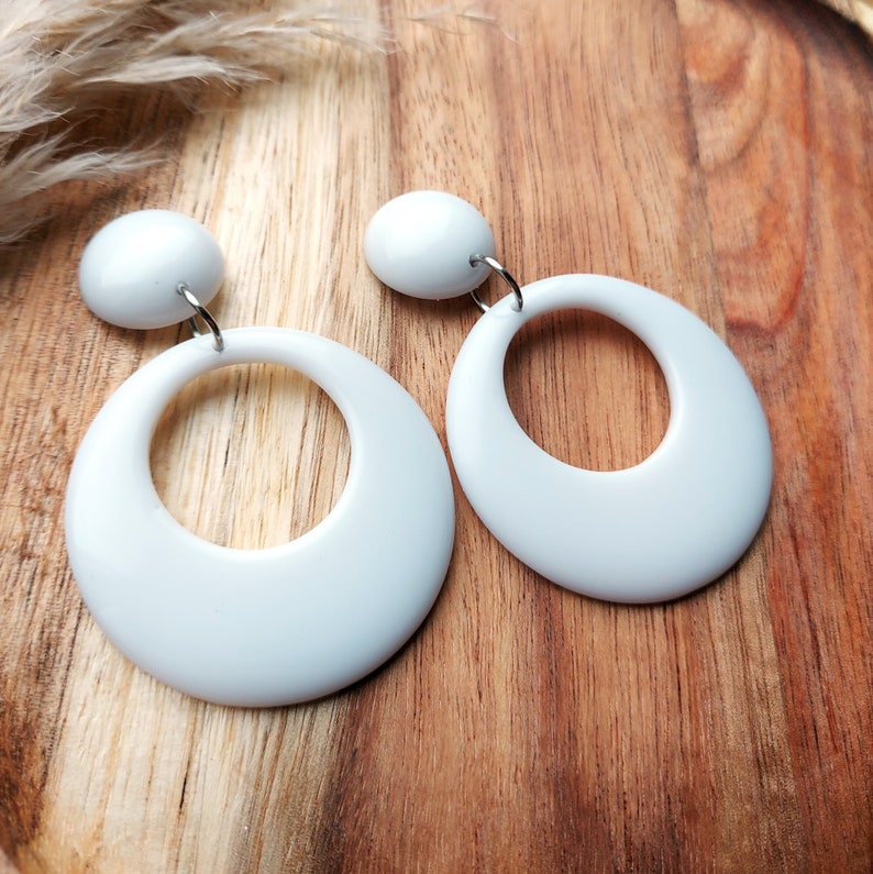 Retro 1950's Style White Hoop Earrings, Rockabilly, Chunky Drop Hoops, Statement Earrings, Lightweight Jewellery, Handmade Resin Earrings image 3