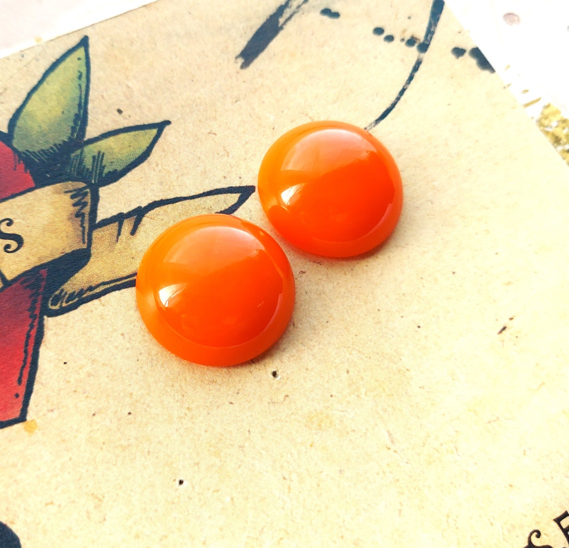 Orange Stud Earrings 50s 60s Style Bakelite Inspired Domed Etsy UK