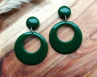 Retro 1950's Style Deep Green Hoop Earrings, Rockabilly, Chunky Drop Hoops, Statement Lightweight Jewellery, Handmade Resin Earrings