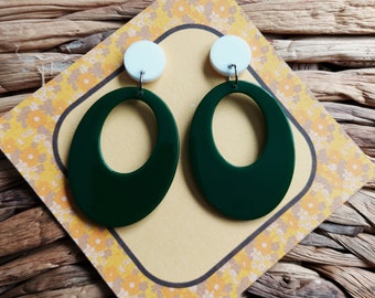 Large Oval Drop Hoops In Green And White, 60's Inspired, Mid Century Modern, Handmade Resin Earrings By Rosiemays