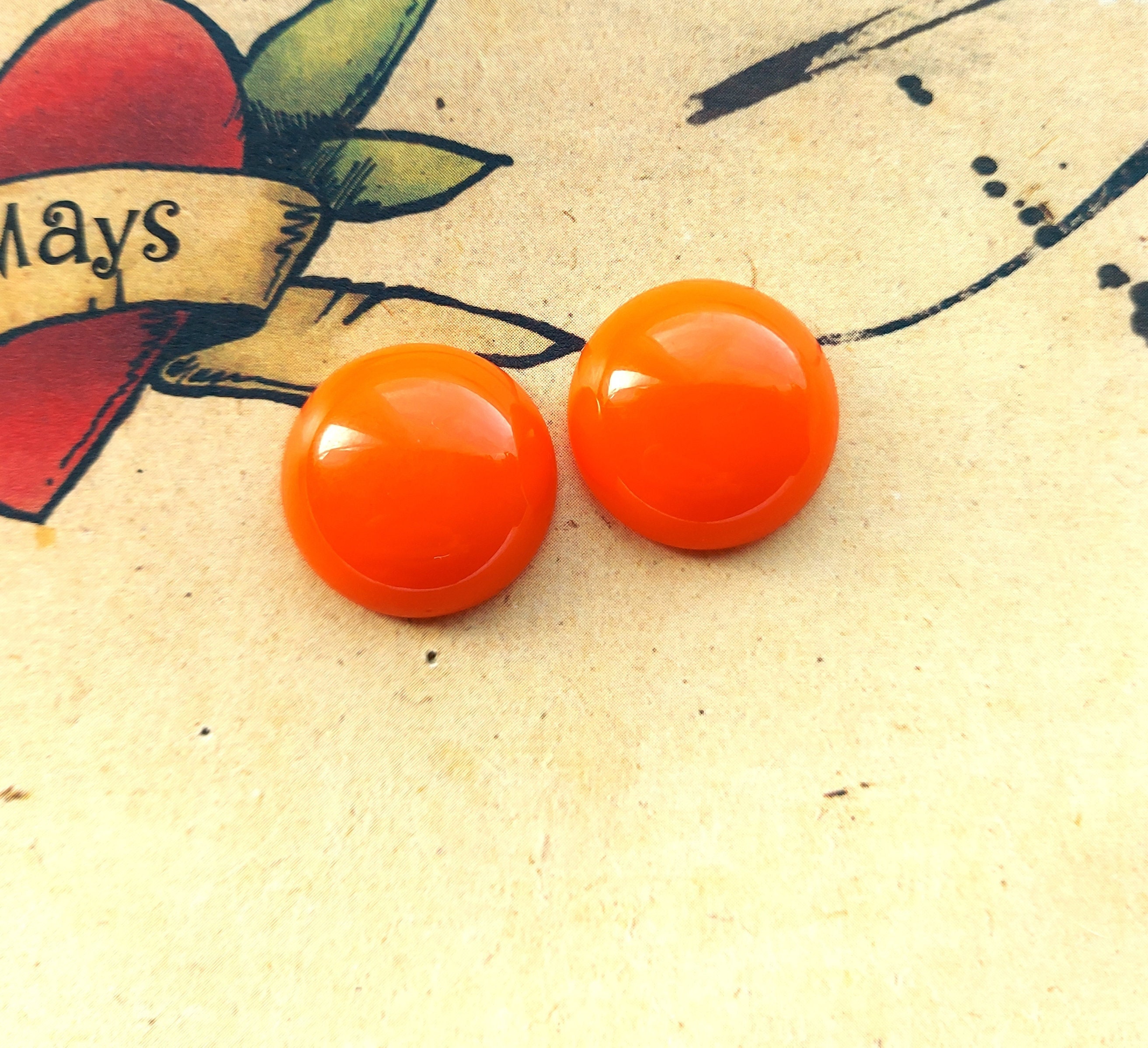 Orange Stud Earrings 50s 60s Style Bakelite Inspired Domed Etsy UK