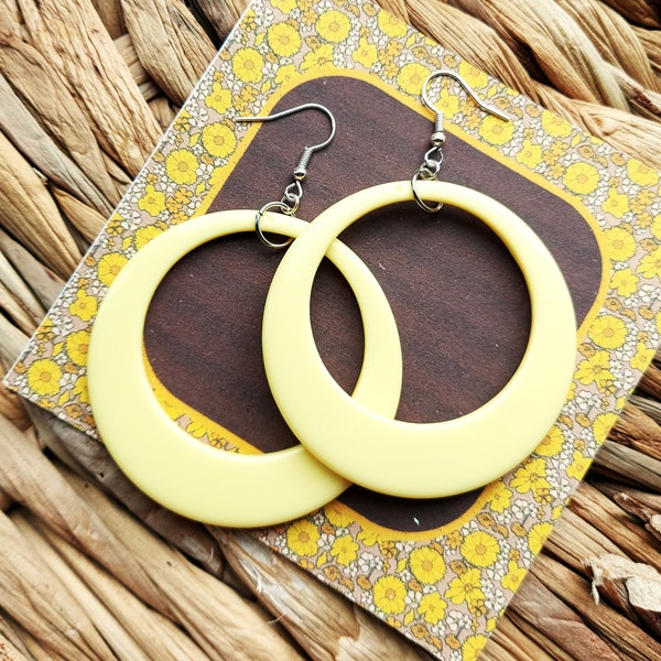 Statement Pastel Yellow Drop Hoop Earrings, Oversized Earrings, Mid century Inspired, Handmade 50s 60s Style Hoops By RosieMays