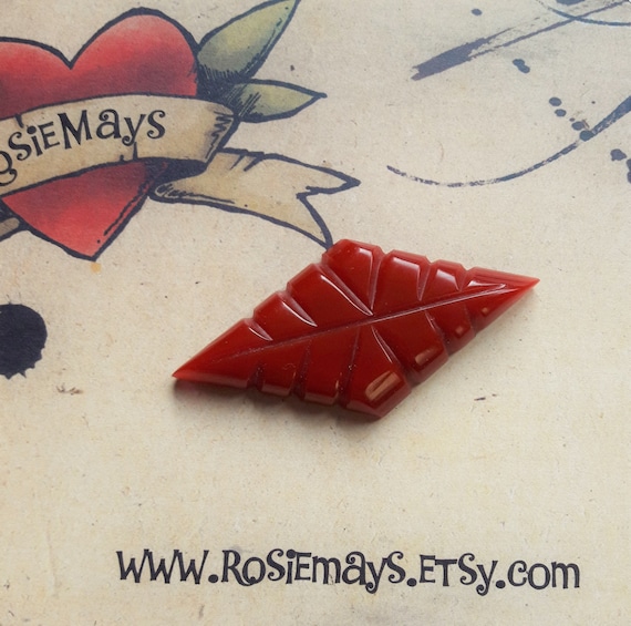40s 50s Style Vintage Reproduction Bakelite Style Leaf Brooch In Berry Red Resin Jewelry By RosieMays