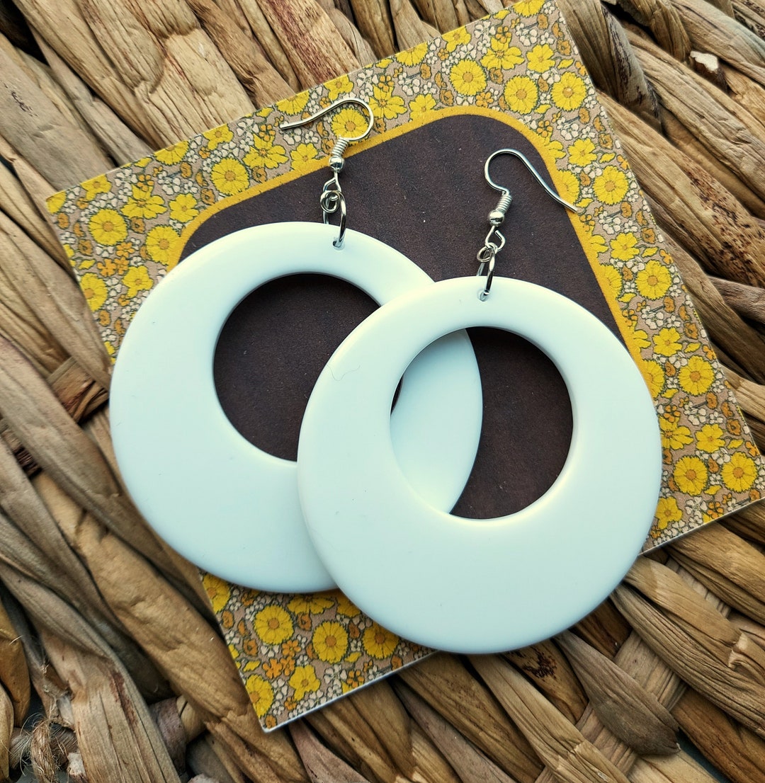 XL White Drop Hoop Earrings 60s 70s Inspired Statement Resin Etsy