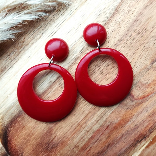 Berry Red Drop Hoop Earrings, Retro 50s 60s Inspired, Rockabilly Vibes, Statement Hoops, Handmade Resin Jewellery By RosieMays