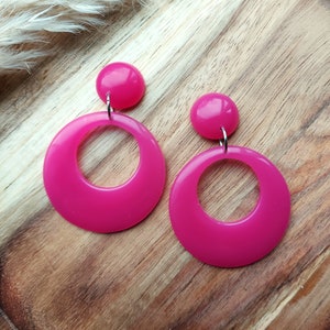 Handmade Deep Pink Resin Hoop Earrings: 50s 60s Style
