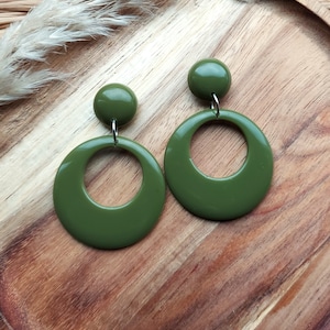 Olive Green Drop Hoop Earrings, Retro 50s 60s Inspired, Rockabilly Statement Hoops, Customisable Handmade Resin Jewellery By RosieMays
