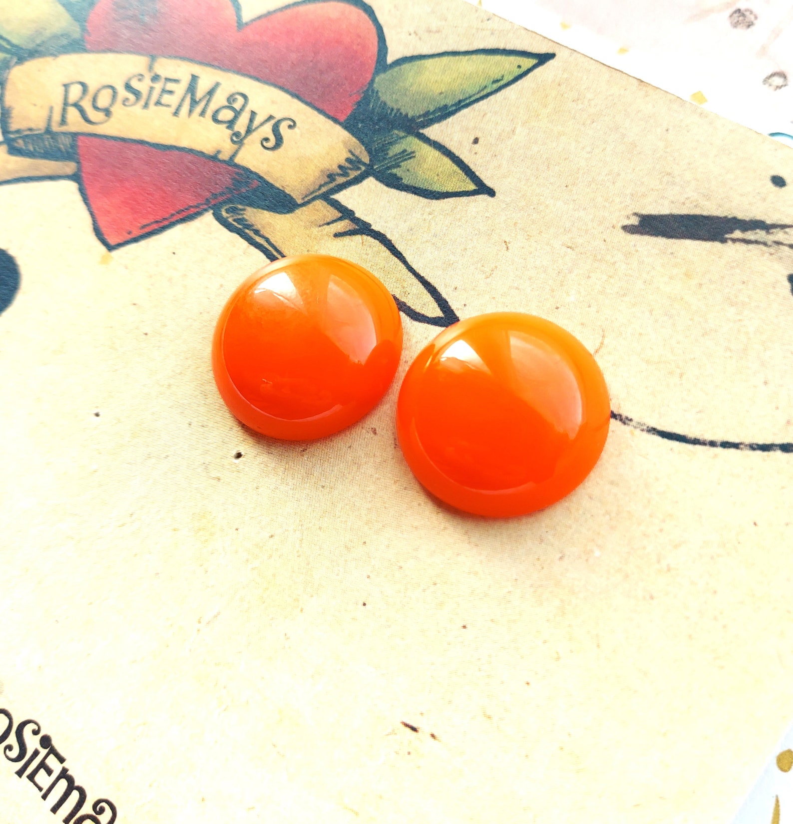 Orange Stud Earrings 50s 60s Style Bakelite Inspired Domed Etsy UK