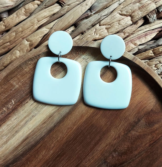 White Square Drop Earrings, Geometric Jewellery, Handmade Resin