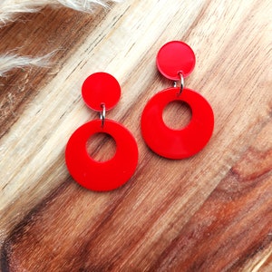 Red Drop Hoop Earrings, 50s Rockabilly, Handmade Resin Earrings.