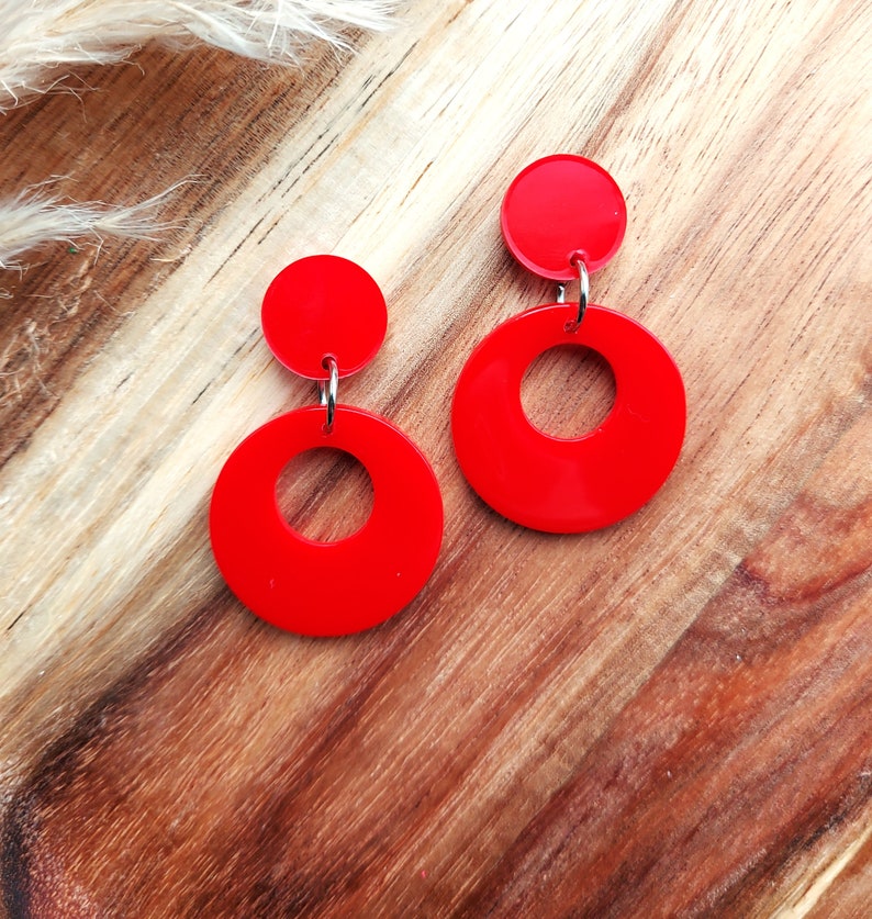 Red Drop Hoop Earrings, 50s Rockabilly, Handmade Resin Earrings. image 1