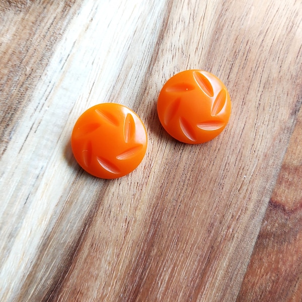 Large Orange Stud Earrings, Art Deco Round Studs with a Carved Design, 1940's Bakelite Inspired, Handmade Resin Jewellery