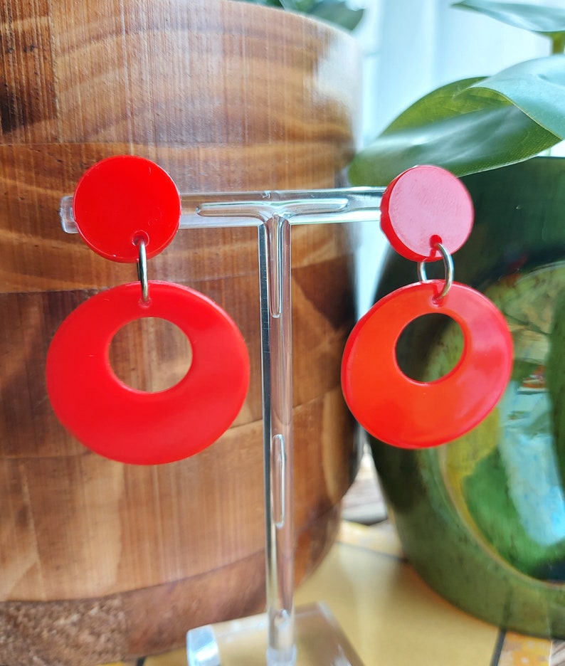 Red Drop Hoop Earrings, 50s Rockabilly, Handmade Resin Earrings. image 3