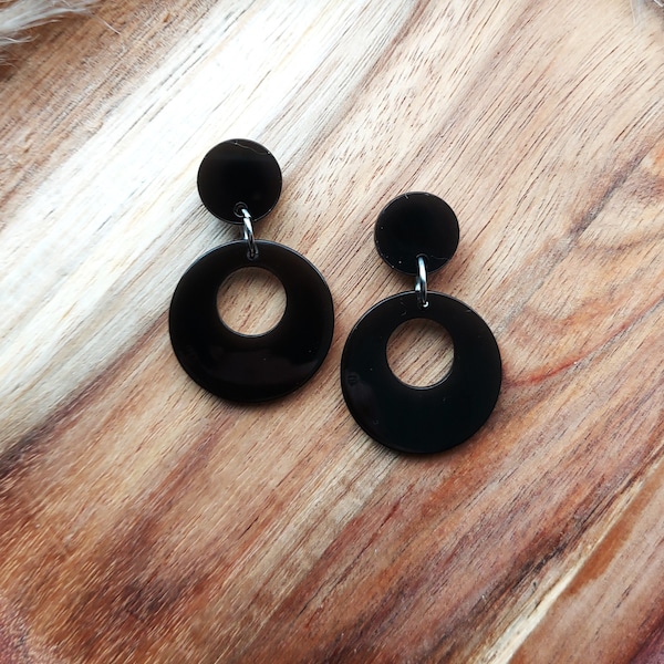 50s 60s Style Black Drop Hoop Earrings, Rockabilly and Pin Up Style, Mid Century Modern, Handmade Resin Earrings By RosieMays