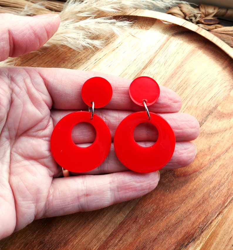 Red Drop Hoop Earrings, 50s Rockabilly, Handmade Resin Earrings. image 5