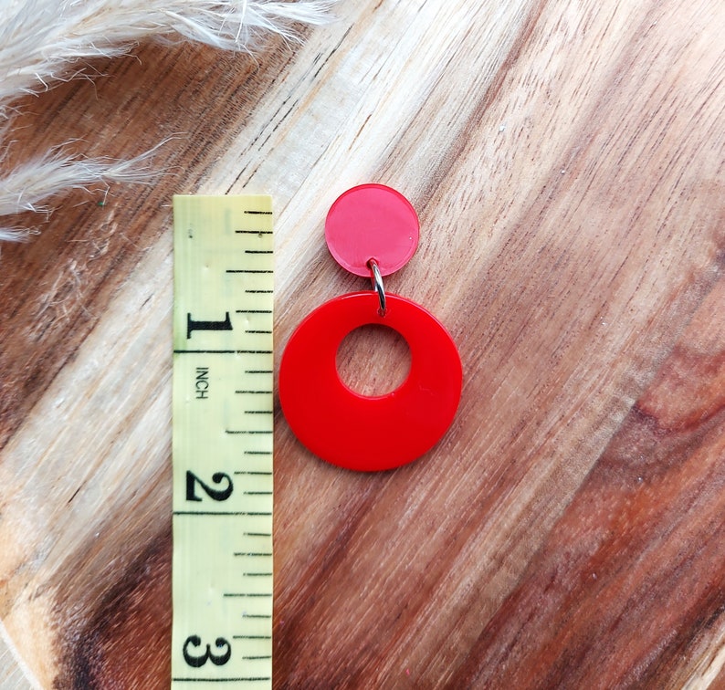Red Drop Hoop Earrings, 50s Rockabilly, Handmade Resin Earrings. image 6