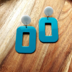 Geometric Rectangle Earrings Handmade in Turquoise Resin,  60s 70s Mod Inspired Jewellery, Colourful Statement Accessories By RosieMays.