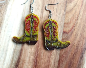 Green Cowboy Boot Earrings with Hand Painted Detailing, Country and Western Jewellery, Line Dancing Accessories, Unique  Gift For Cowgirls