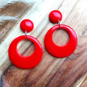 Rockabilly Red Drop Hoop Earrings, Retro 50s 60s Inspired, Summer Vibes, Statement Hoops, Handmade Resin Jewellery By RosieMays