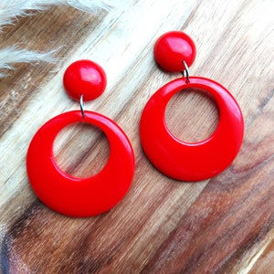 Red Resin Hoop Earrings: 50s Rockabilly Style, Handmade Resin Hoops.
