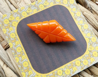 Diamond Shaped Orange Brooch with Carved Design, 40s 50s Bakelite Inspired, Handmade Resin Pin By RosieMays