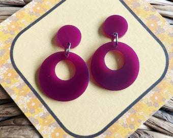 Deep Plum Hoop Earrings, 50s 60s Inspired, Autumn Style, Handmade Resin Jewelry By RosieMays