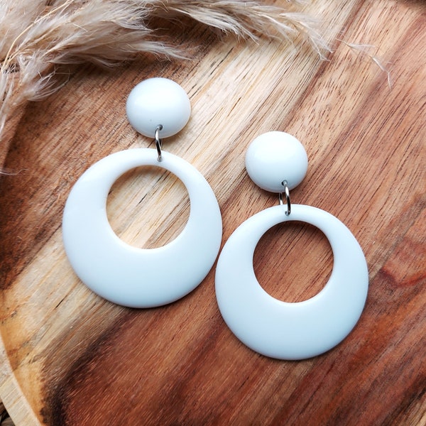 Retro 1950's Style White Hoop Earrings, Rockabilly, Chunky Drop Hoops, Statement Earrings, Lightweight Jewellery, Handmade Resin Earrings