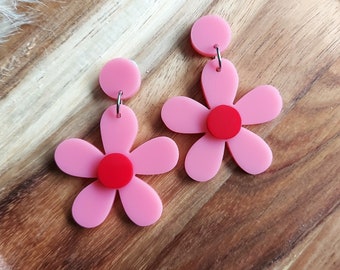 Large Flower Earrings in Pink and Raspberry, Retro 60's 70s Daisy Drops, Boho Festival Style, Handmade Resin Jewellery by RosieMays