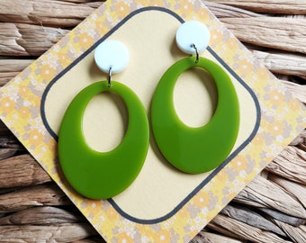 Large Oval Drop Hoops In Moss Green,  60s Inspired, Mid Century Modern, Resin Earrings By RosieMays