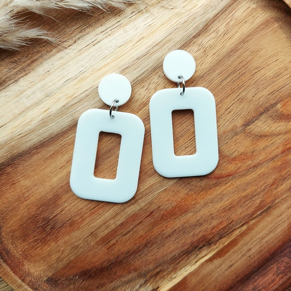 White Rectangle Drop Hoop Earrings, 1960's Mod Style, Statement Oblong Drops, Handmade Resin Jewellery By RosieMays
